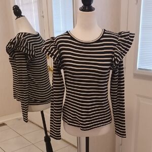 2/$50 Zara Black & White Striped Puff Sleeve Ruffled Top - Size Small